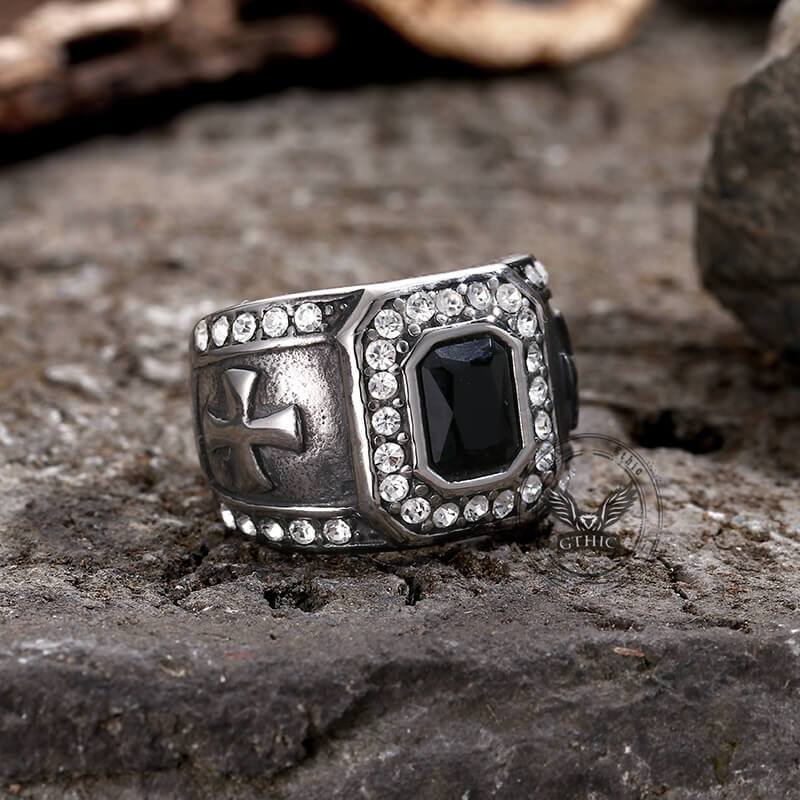 Vintage Gemstone Cross Stainless Steel Ring | Gthic.com