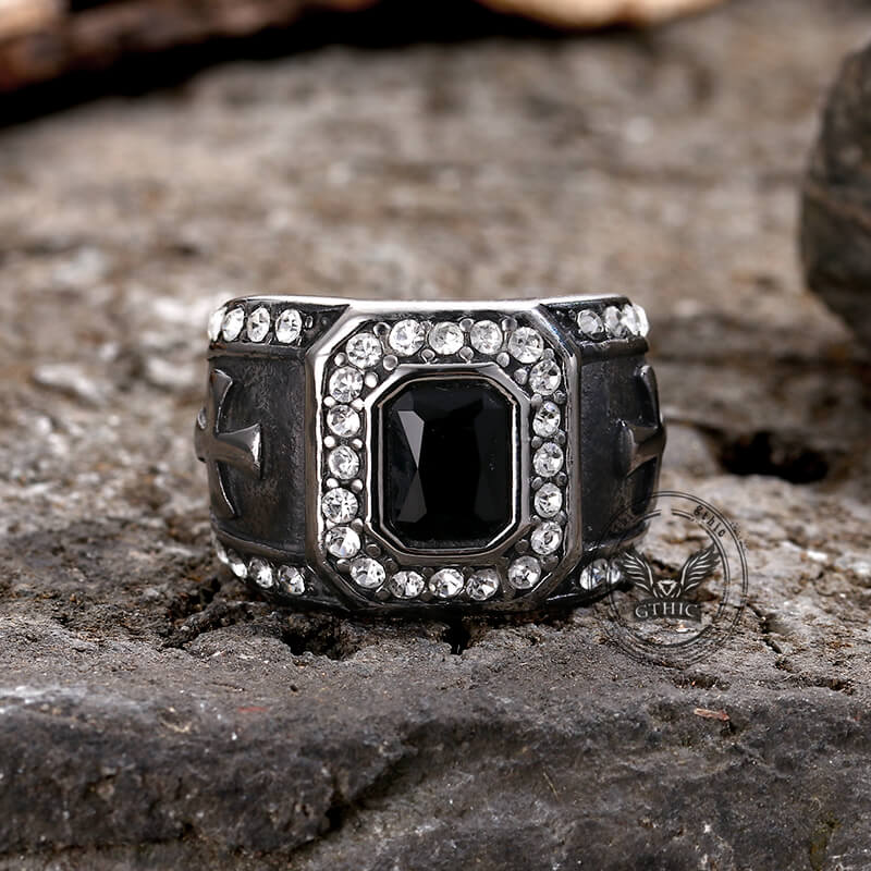 Vintage Gemstone Cross Stainless Steel Ring | Gthic.com