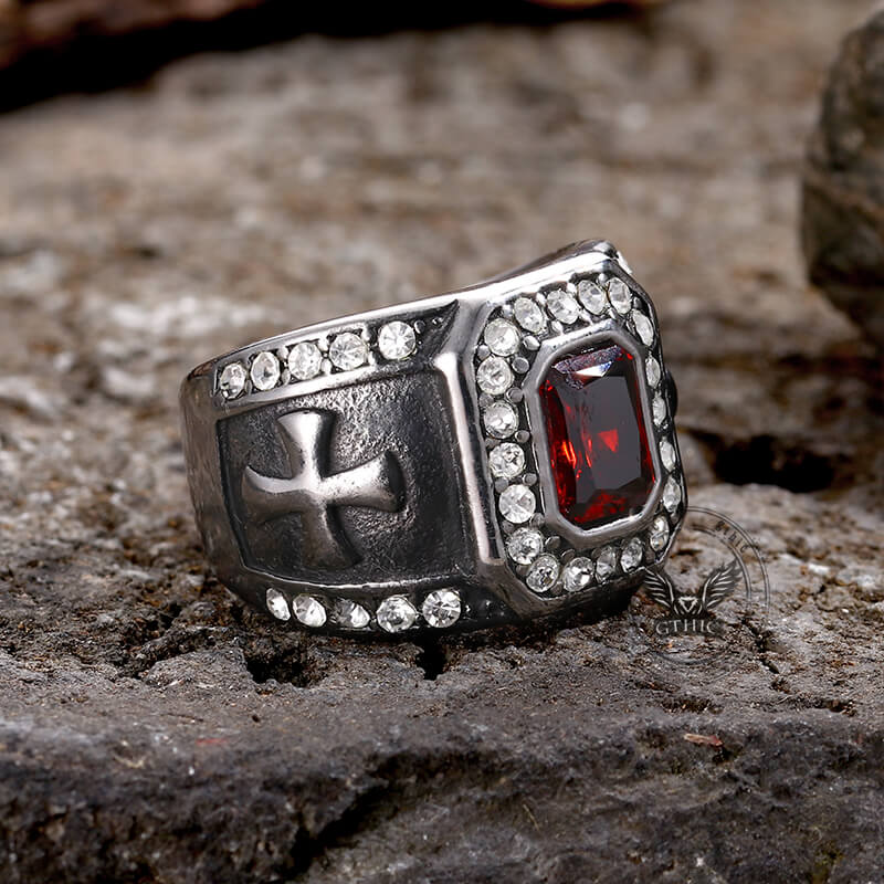 Vintage Gemstone Cross Stainless Steel Ring