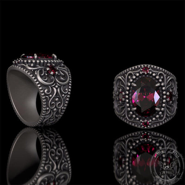 Vintage Gemstone Floral Embossed Sterling Silver Ring