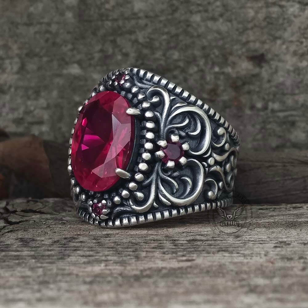 Vintage Gemstone Floral Embossed Sterling Silver Ring