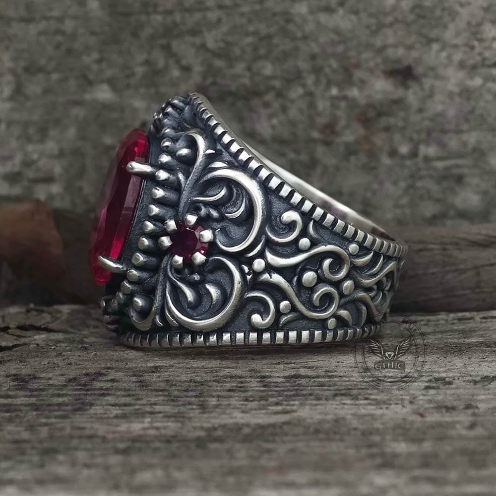 Vintage Gemstone Floral Embossed Sterling Silver Ring