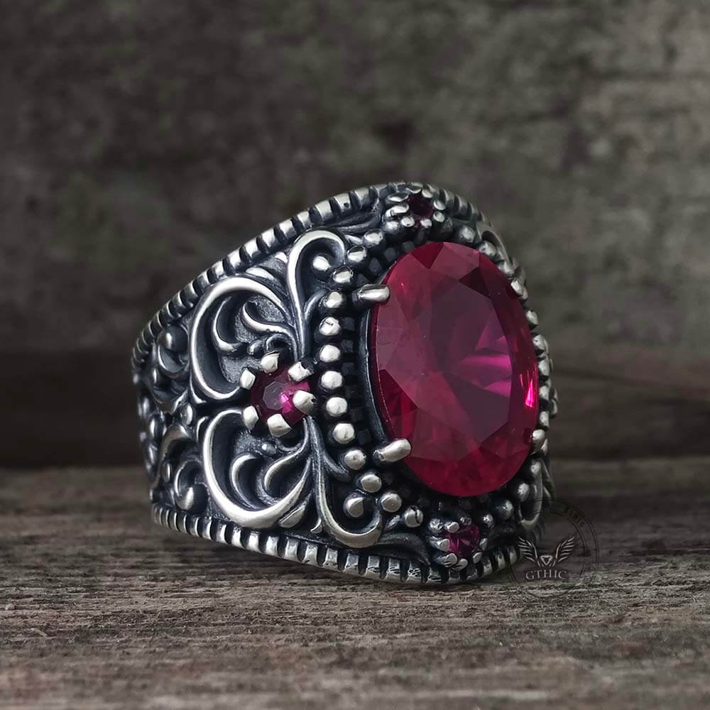 Vintage Gemstone Floral Embossed Sterling Silver Ring | Gthic.com