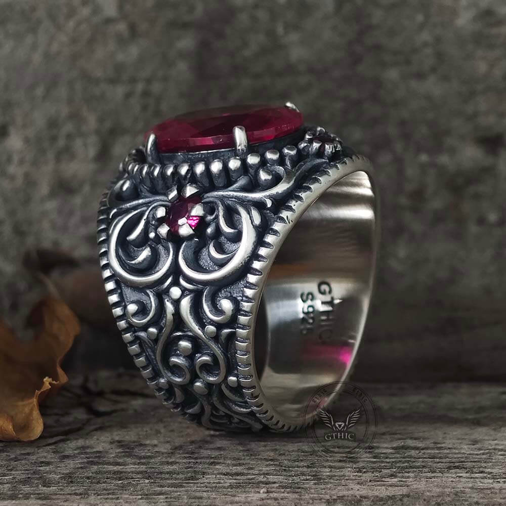 Vintage Gemstone Floral Embossed Sterling Silver Ring