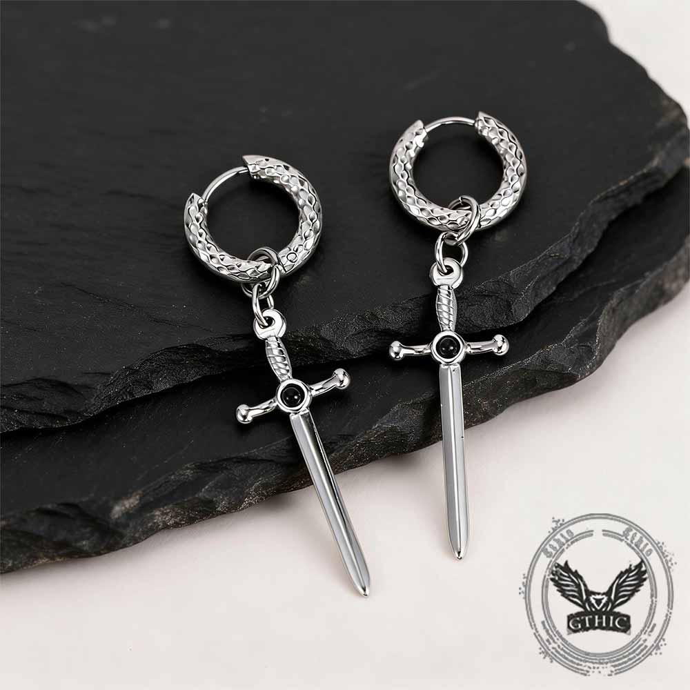 Vintage Gemstone Sword Cross Stainless Steel Earrings | Gthic.com