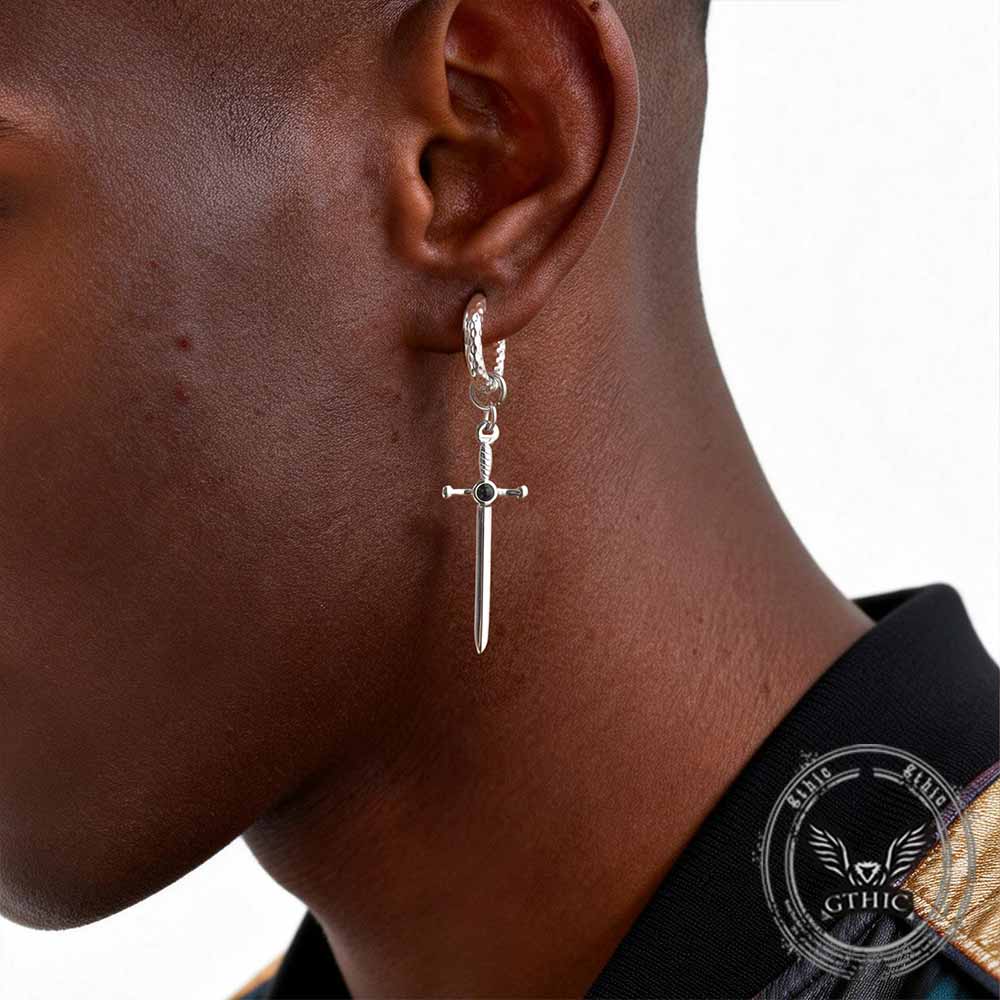 Vintage Gemstone Sword Cross Stainless Steel Earrings | Gthic.com
