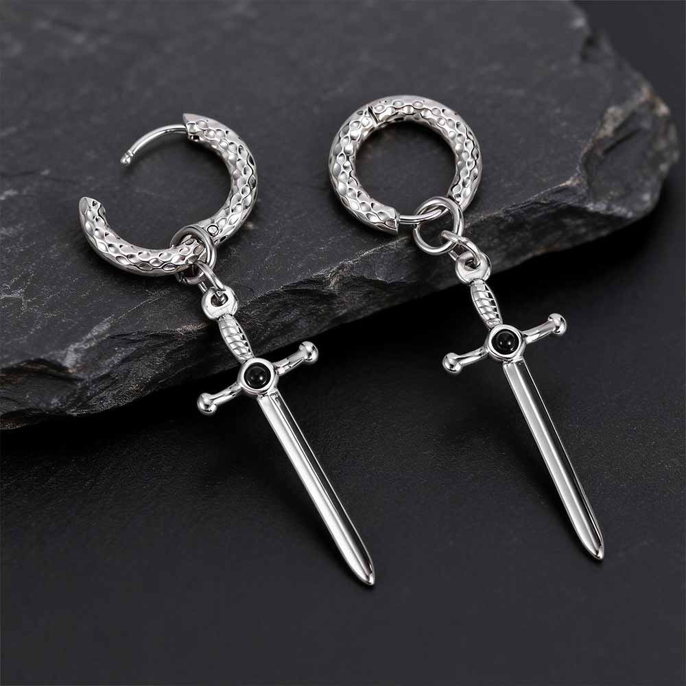 Vintage Gemstone Sword Cross Stainless Steel Earrings | Gthic.com