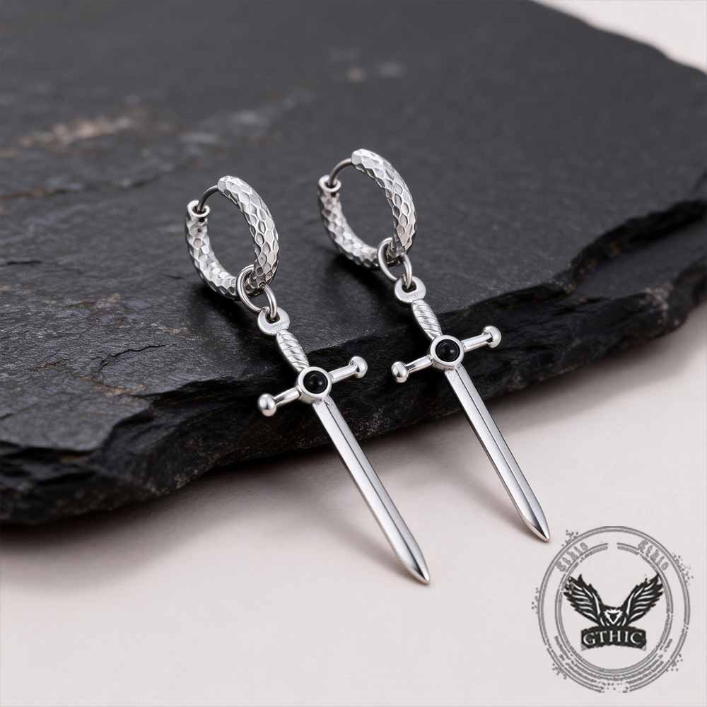 Vintage Gemstone Sword Cross Stainless Steel Earrings