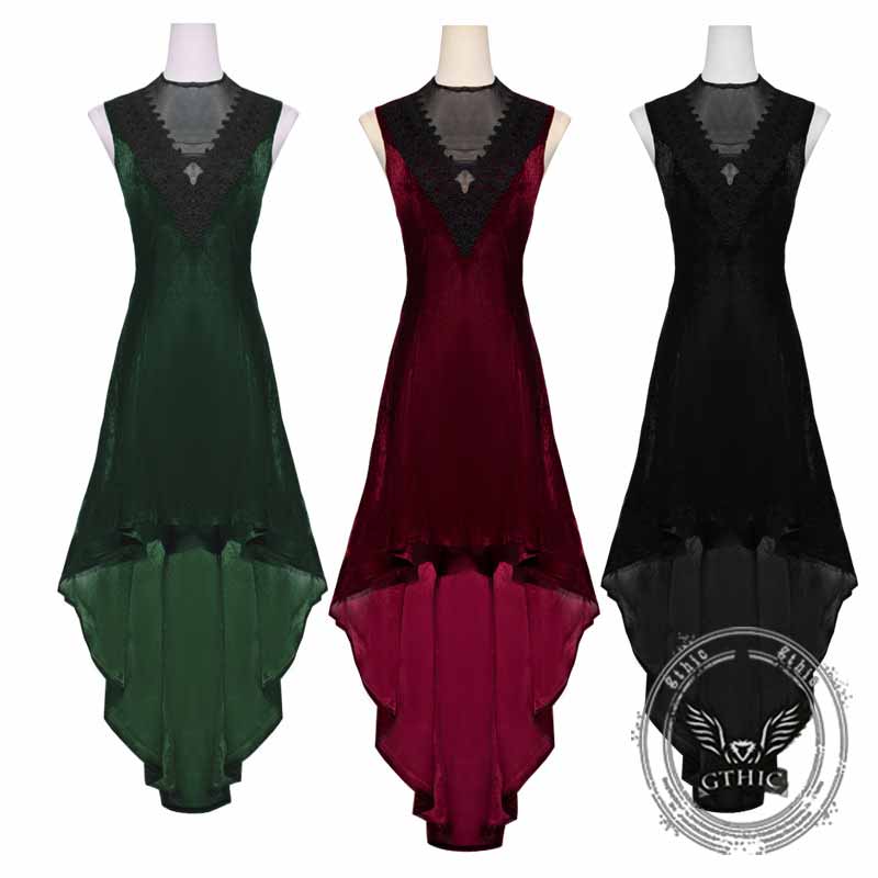 Vintage Gold Velvet Back Lace-Up Sleeveless Dress 01 | Gthic.com