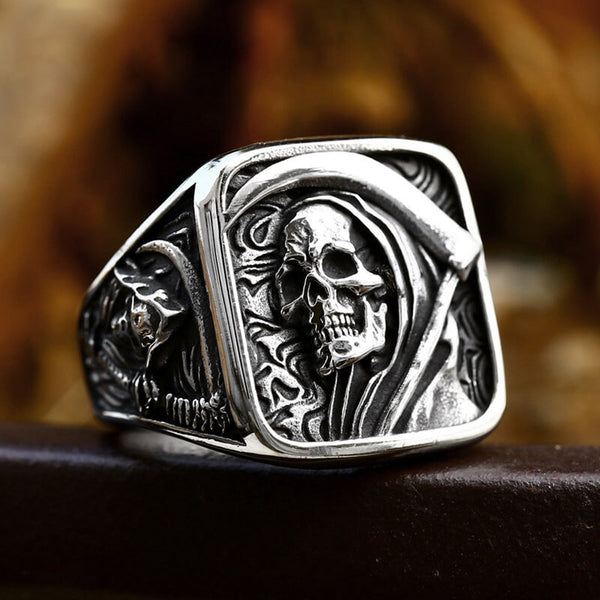 Vintage Grim Reaper Skull Stainless Steel Square Ring | Gthic.com