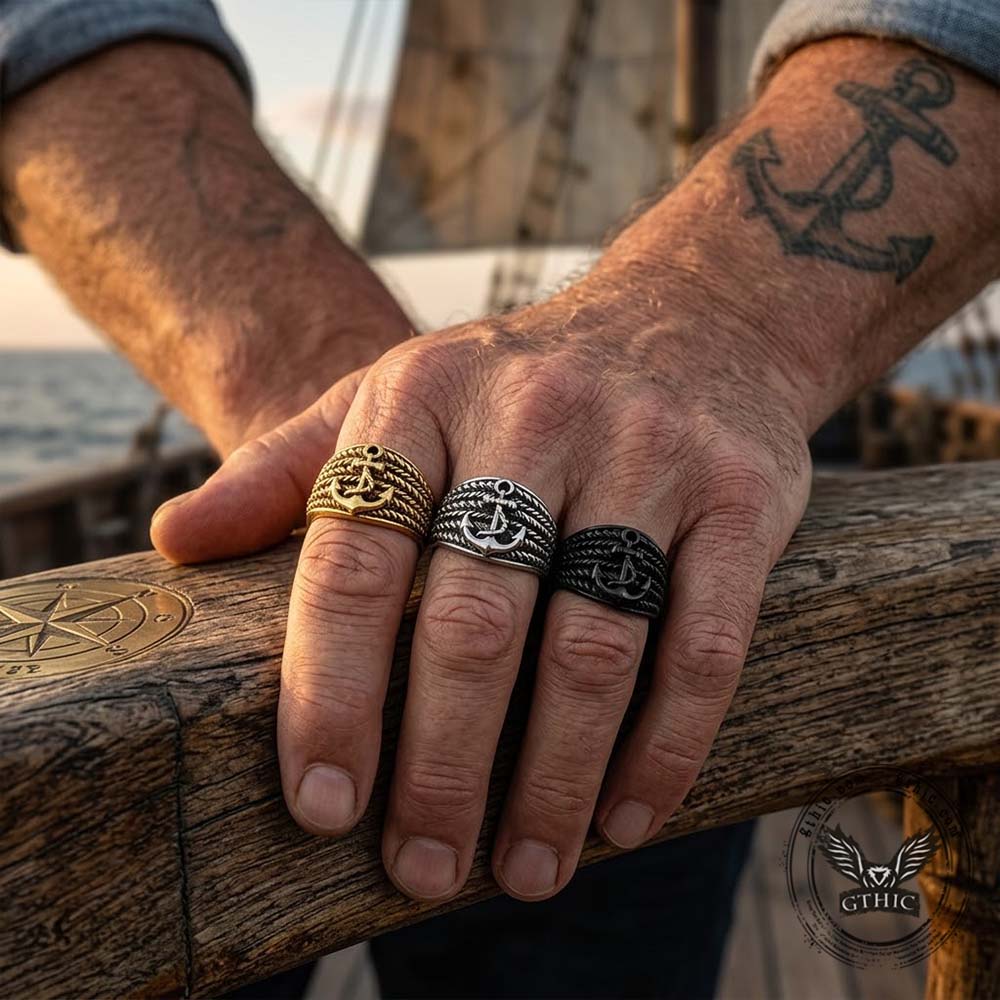 Vintage Hemp Rope Anchor Stainless Steel Ring | Gthic.com