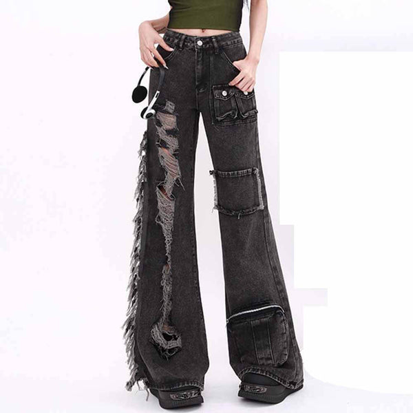 Vintage High Waist Pockets Ripped Straight Pants | Gthic.com