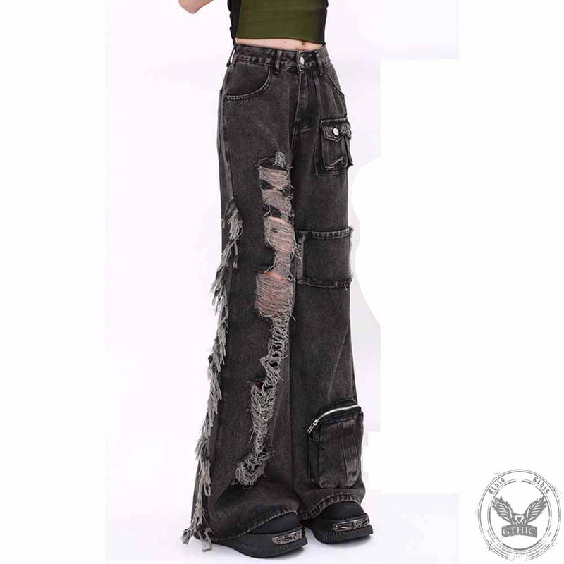 Vintage High Waist Pockets Ripped Straight Pants | Gthic.com