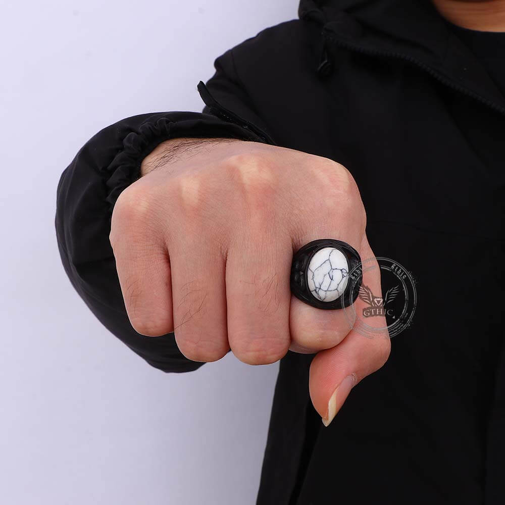 Vintage Hollow Carved Gemstone Stainless Steel Ring