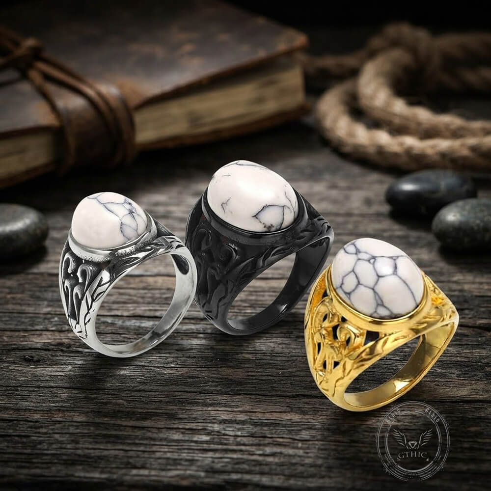 Vintage Hollow Carved Gemstone Stainless Steel Ring | Gthic.com