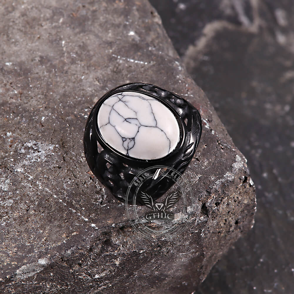 Vintage Hollow Carved Gemstone Stainless Steel Ring