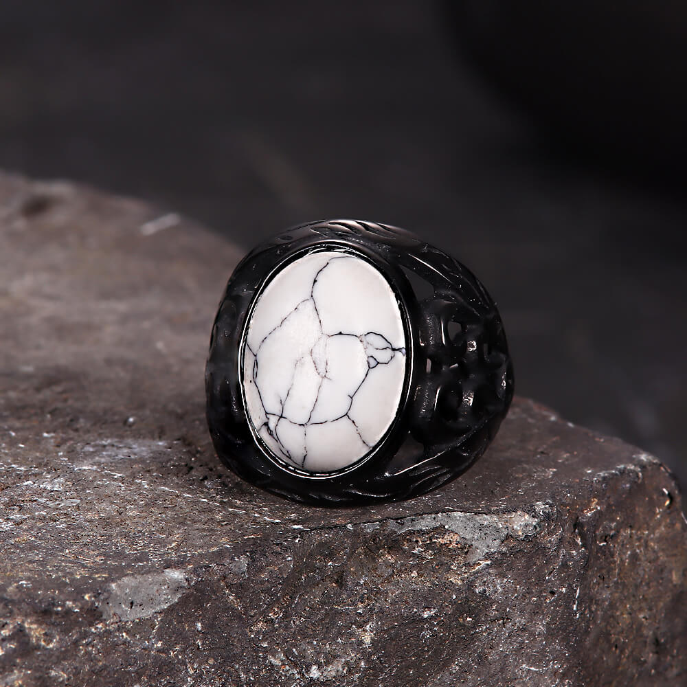 Vintage Hollow Carved Gemstone Stainless Steel Ring
