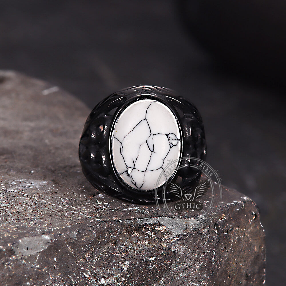 Vintage Hollow Carved Gemstone Stainless Steel Ring