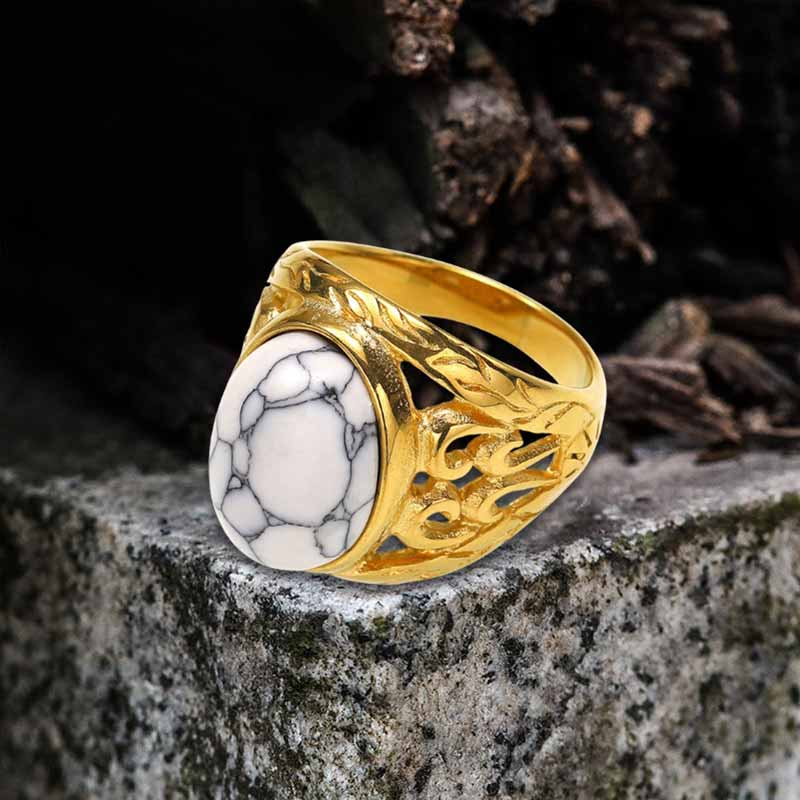 Vintage Hollow Carved Gemstone Stainless Steel Ring