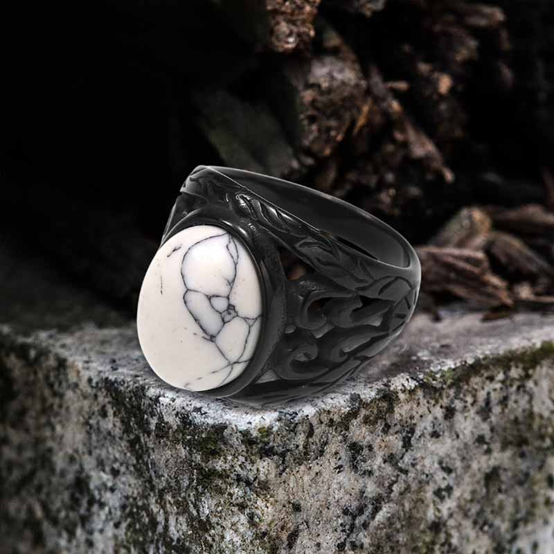 Vintage Hollow Carved Gemstone Stainless Steel Ring