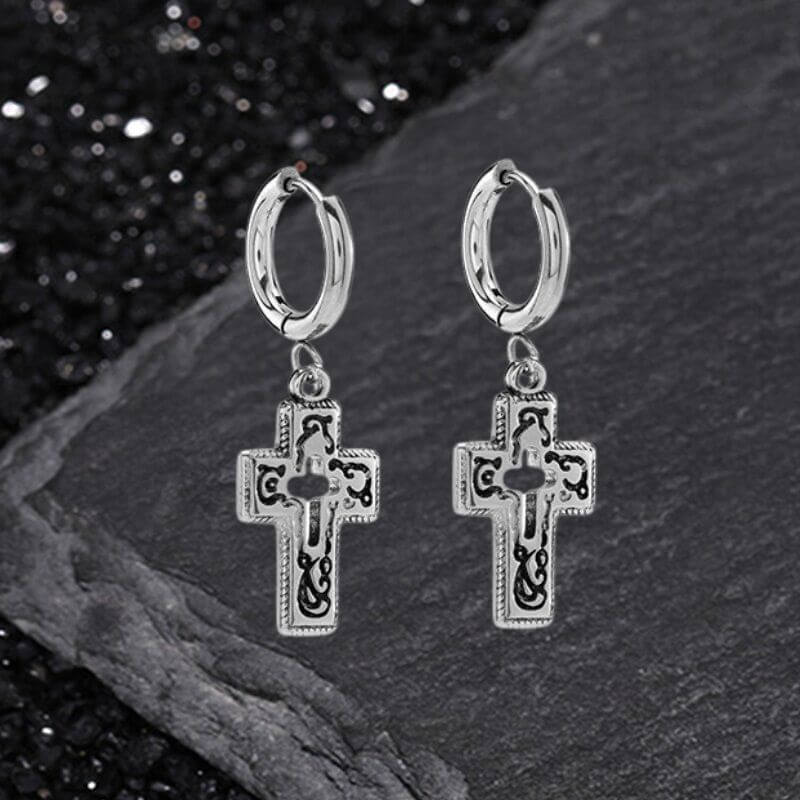 Vintage Hollow Cross Stainless Steel Drop Earrings | Gthic.com