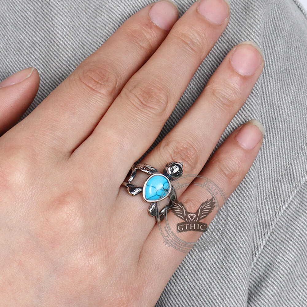 Vintage Indian Turtle Turquoise Stainless Steel Ring | Gthic.com