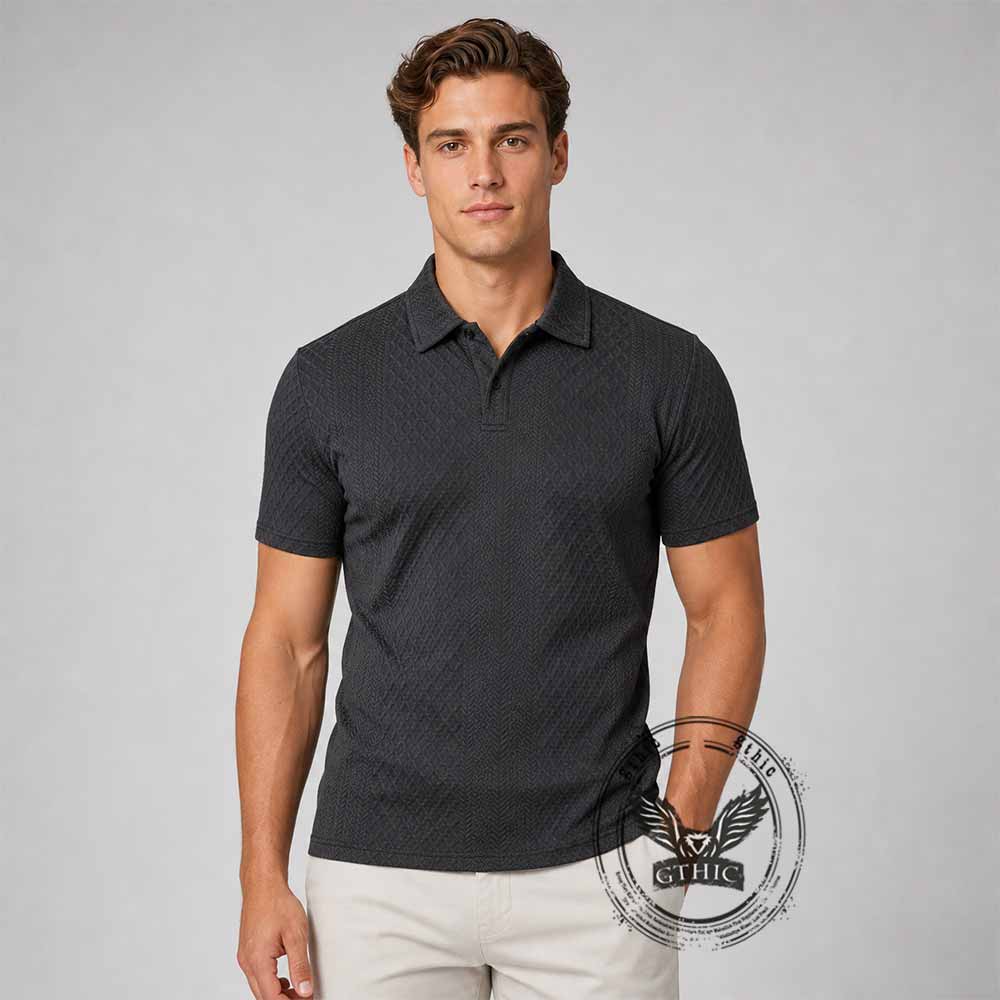 Vintage Jacquard Solid Color Short Sleeve Polo Shirt | Gthic.com