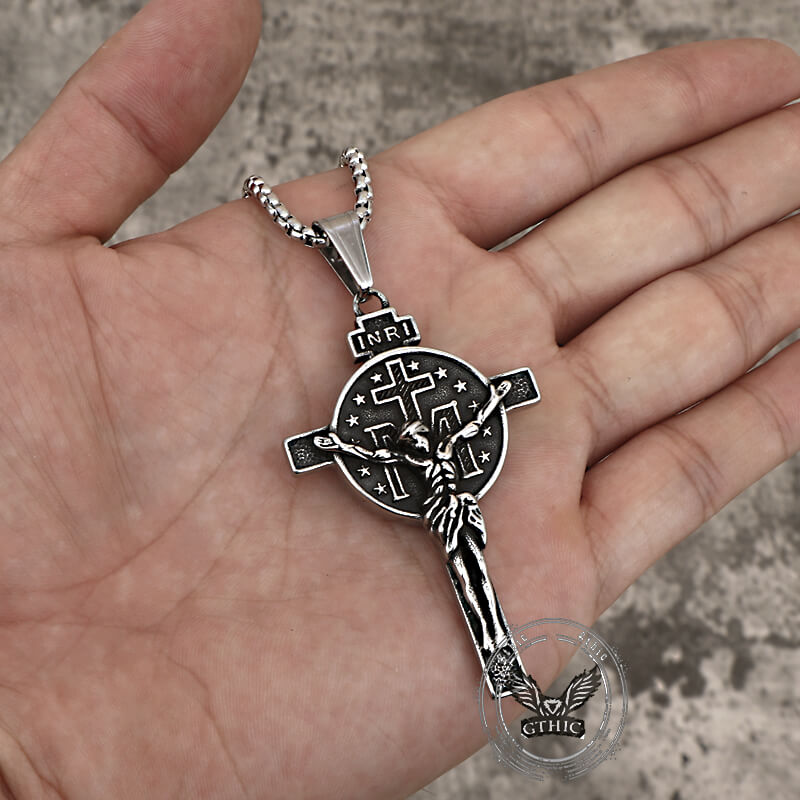 Vintage Jesus Suffering INRI Cross Stainless Steel Pendant