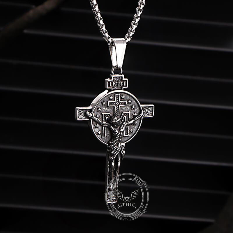 Vintage Jesus Suffering INRI Cross Stainless Steel Pendant