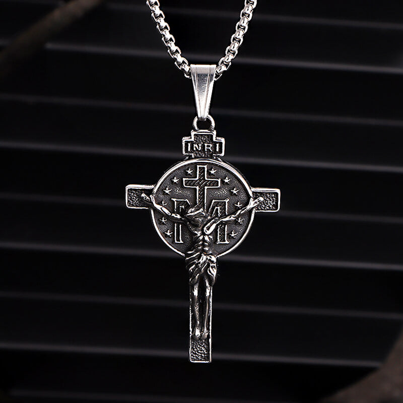 Vintage Jesus Suffering INRI Cross Stainless Steel Pendant