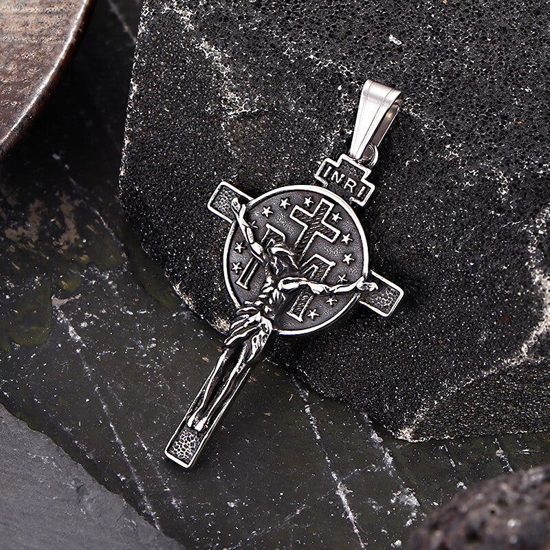 Vintage Jesus Suffering INRI Cross Stainless Steel Pendant