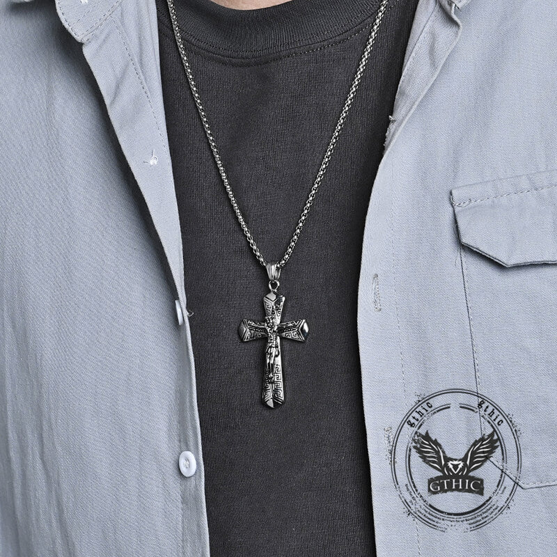 Vintage Jesus Suffering Stainless Steel Cross Pendant | Gthic.com