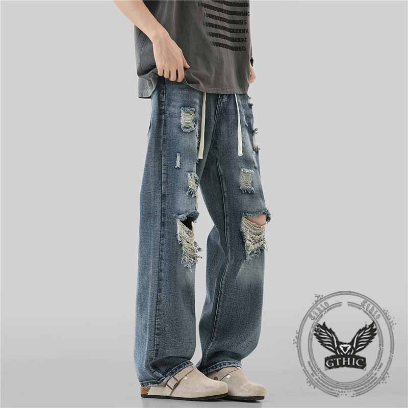 Vintage Knee-Ripped Distressed Drawstring Jeans 02 | Gthic.com