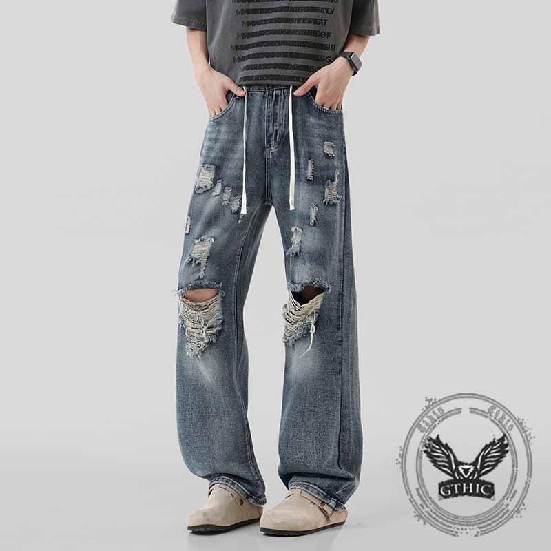 Vintage Knee-Ripped Distressed Drawstring Jeans