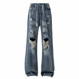 Vintage Knee-Ripped Distressed Drawstring Jeans