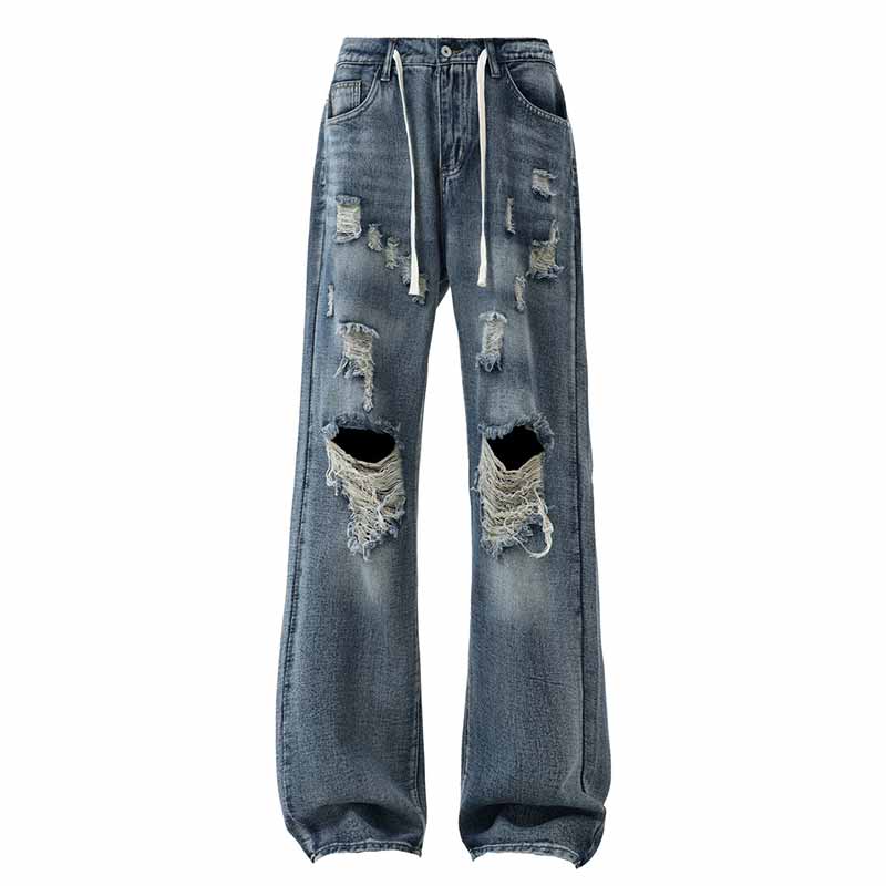 Vintage Knee-Ripped Distressed Drawstring Jeans