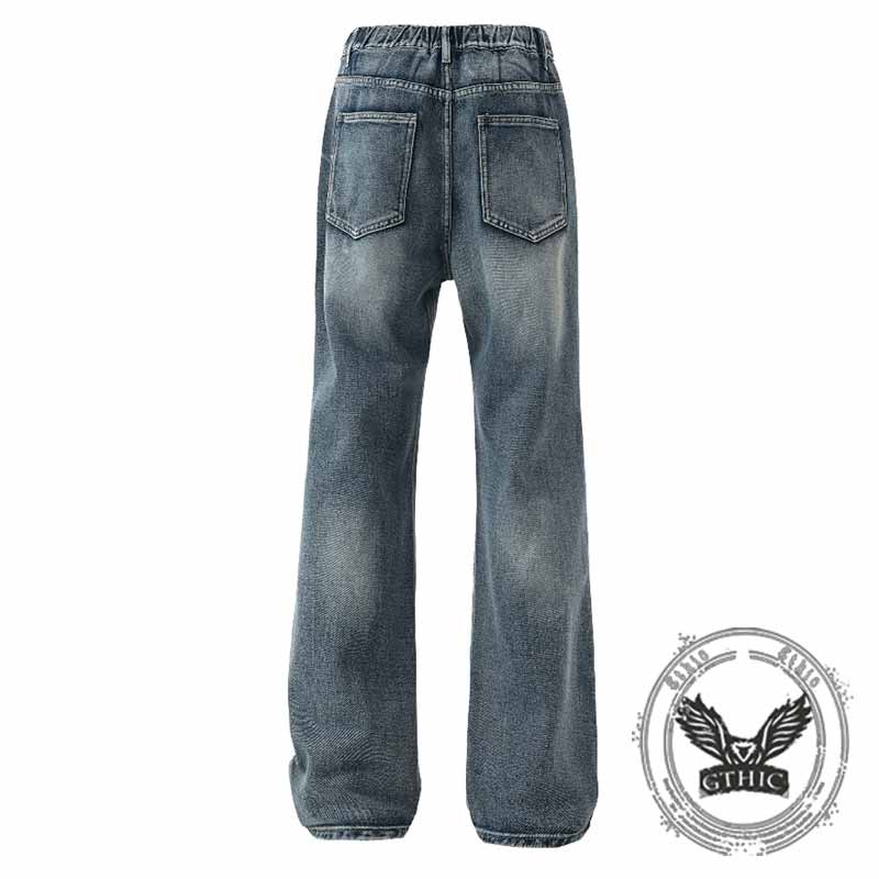 Vintage Knee-Ripped Distressed Drawstring Jeans