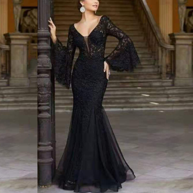 Vintage Lace Embroidery Fishtail Slim Evening Dress | Gthic.com