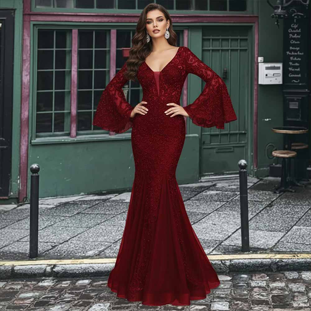 Vintage Lace Embroidery Fishtail Slim Evening Dress