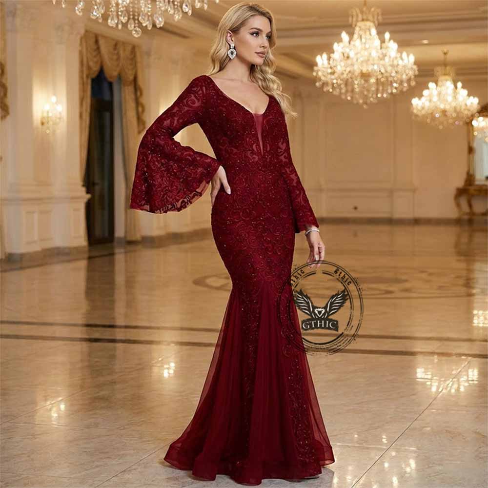 Vintage Lace Embroidery Fishtail Slim Evening Dress | Gthic.com