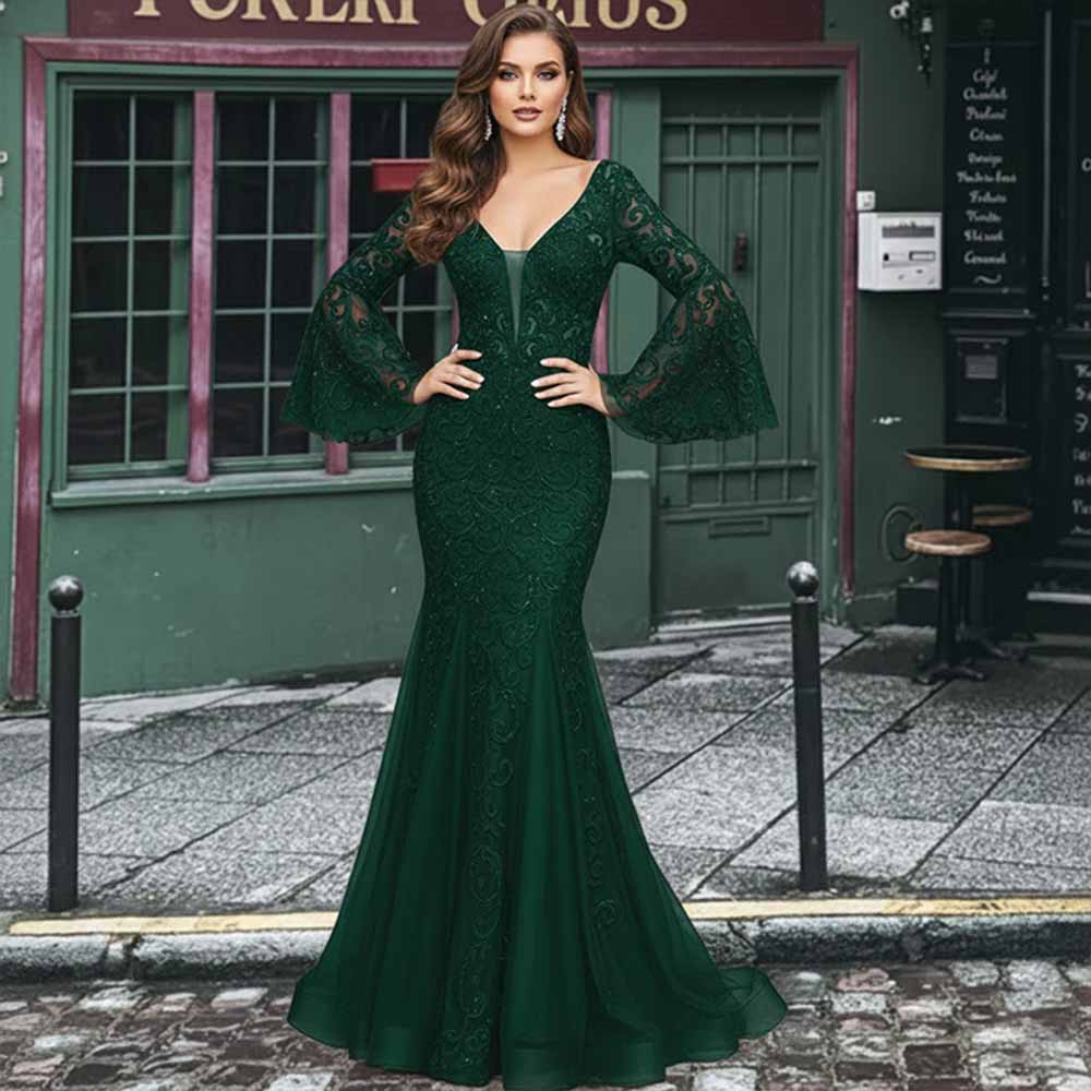Easter Dresses Elegant Formal Solid Embroidered V Neck Evening Dresses(Ink Green/L) Easter Dresses Elegant Formal Solid Embroidered V Neck Evening Dresses(Ink Green/L)