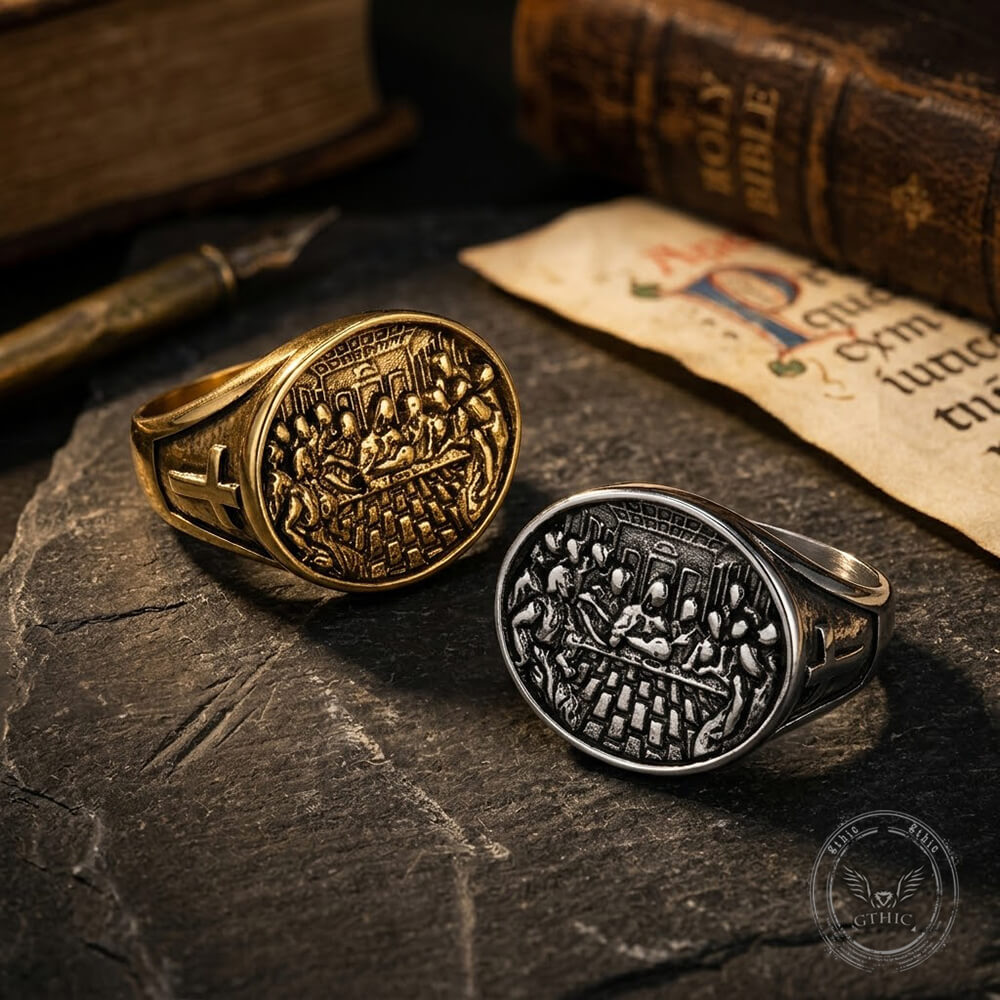 Vintage Last Supper Cross Stainless Steel Ring | Gthic.com