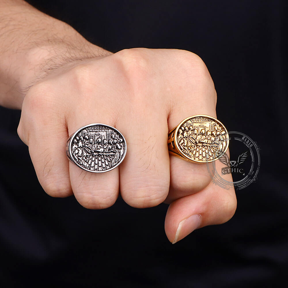 Vintage Last Supper Cross Stainless Steel Ring | Gthic.com