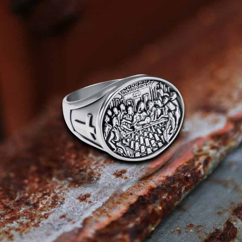 Vintage Last Supper Cross Stainless Steel Ring | Gthic.com