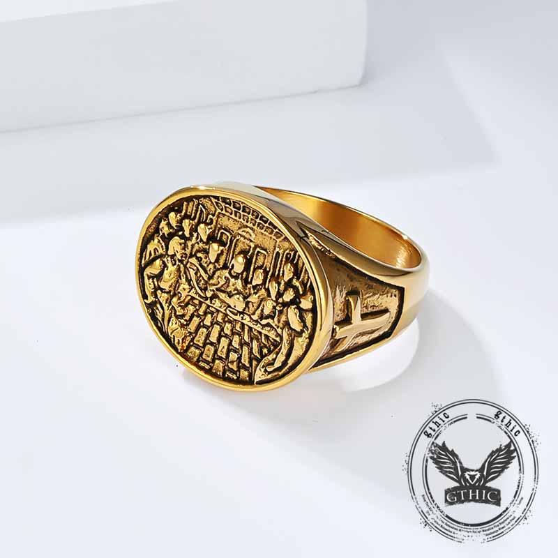 Vintage Last Supper Cross Stainless Steel Ring