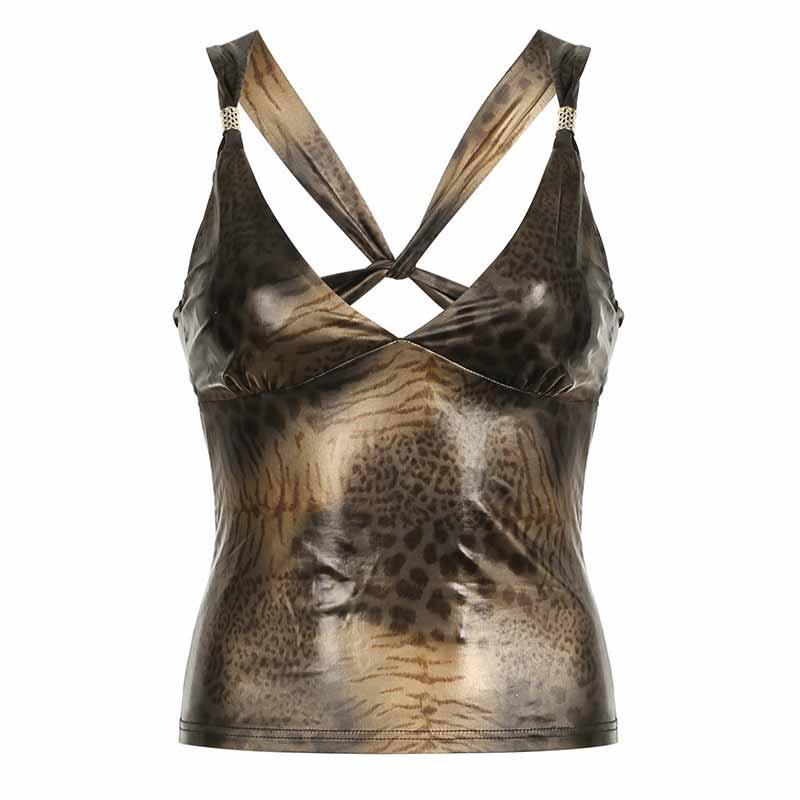 Vintage Leopard V-Neck Back Cross Hollow Slim Vest 02 | Gthic.com