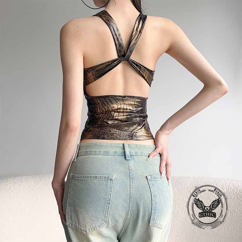 Vintage Leopard V-Neck Back Cross Hollow Slim Vest 03 | Gthic.com
