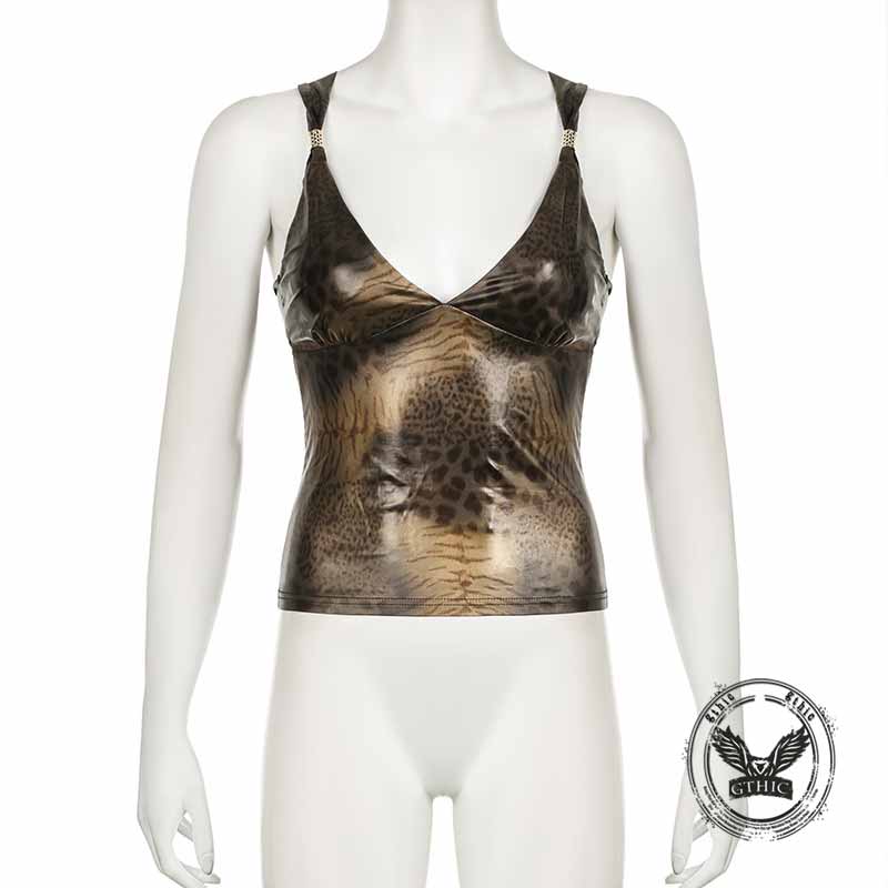 Vintage Leopard V-Neck Back Cross Hollow Slim Vest