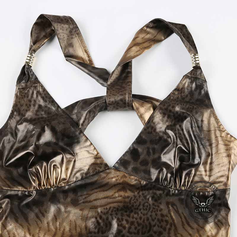 Vintage Leopard V-Neck Back Cross Hollow Slim Vest