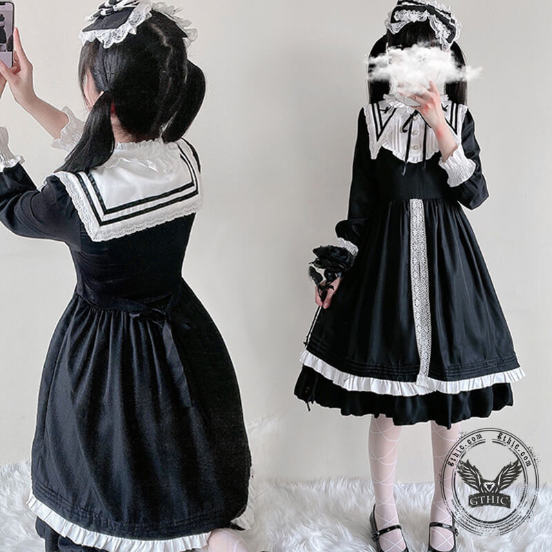 Vintage Maid Navy Neck Lolita Dress | Gthic.com